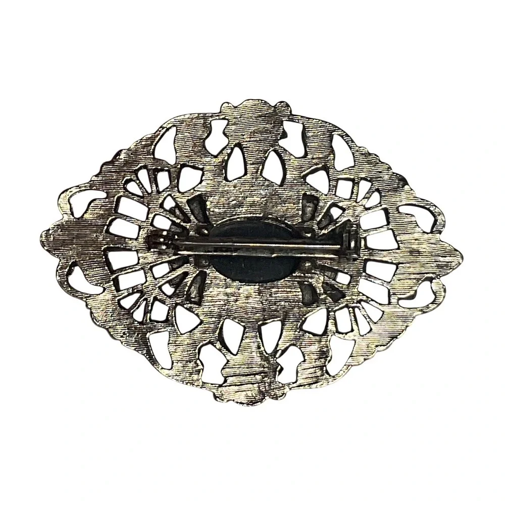 Vintage 1950s Mid-Century‎ Silver Plated Filigree Brooch Pin with Black Cabochon